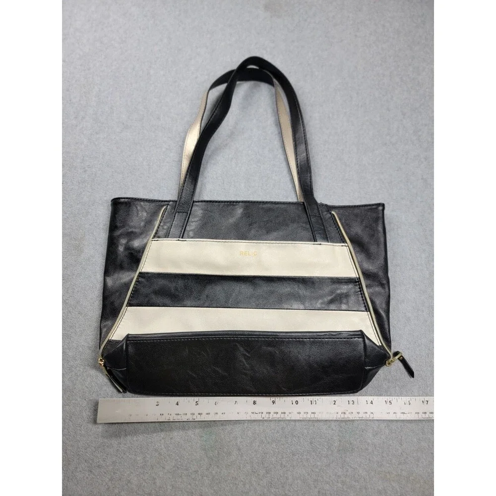 Relic Alexa Leather Black White Stripe Magnetic Double Handles Zip Inner Pockets